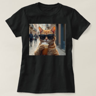 T-shirt Chat buvant du café dans une rue