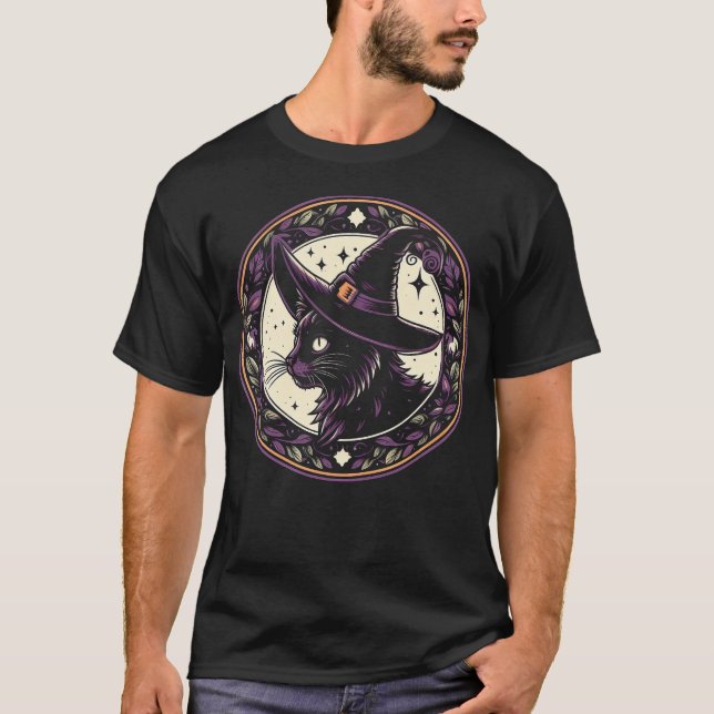 T-shirt Chat Casquette de sorcière d'Halloween Pétales pou (Devant)