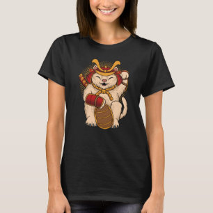 T-shirt Chat chanceux japonais Maneki Neko Samurai Argent
