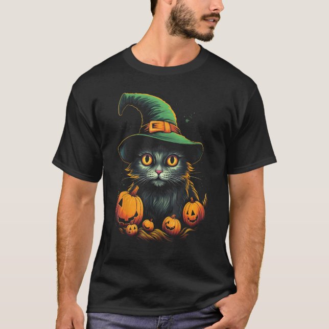 T-shirt Chat Cheetoh avec chapeau de sorcière et citrouill (Devant)