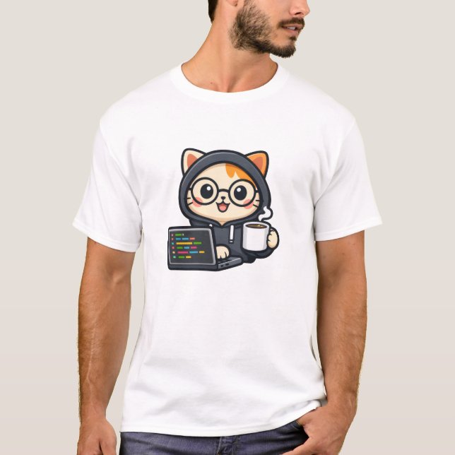 T-shirt Chat Codeur Mignon avec Café & Ordinateur  (Devant)