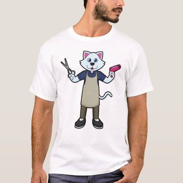 T-shirt Chat coiffeur avec ciseaux et sèche-cheveux (Devant)