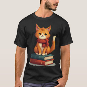 T-shirt Chat Cozy Lecteur de Livres Écharpe d'Automne Chat