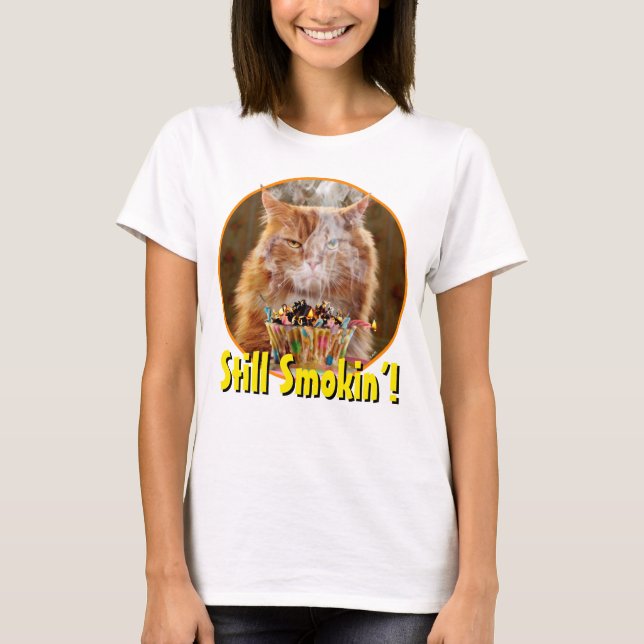 T-shirt Chat Cranky Drôle Avec Cupcake D'Anniversaire Fond (Devant)