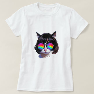 T-shirt Chat dans une perruque + Lunettes de soleil (Peint