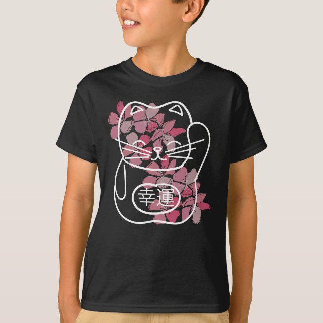 T-shirt Chat de bonne chance japonais avec fleurs Sakura r (Devant)