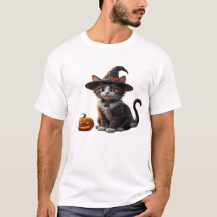 T-shirt Chat de Halloween charmant avec chapeau de sorcièr