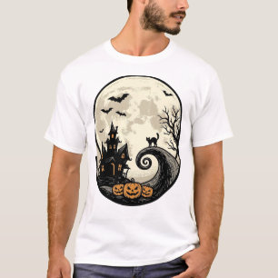 T-shirt Chat de Halloween Vintage Maison Hantée Lune Vecte