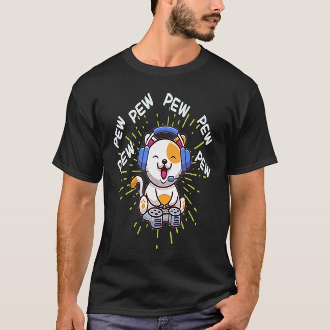 T-shirt Chat de jeu vidéo Pew Pew Gaming Console de jeu (Devant)