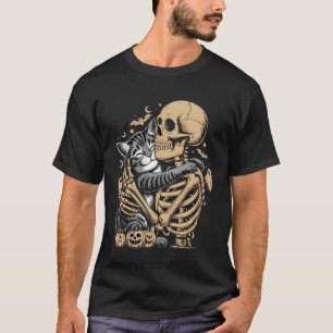 T-shirt Chat de la fête d'Halloween qui étreint un squelet