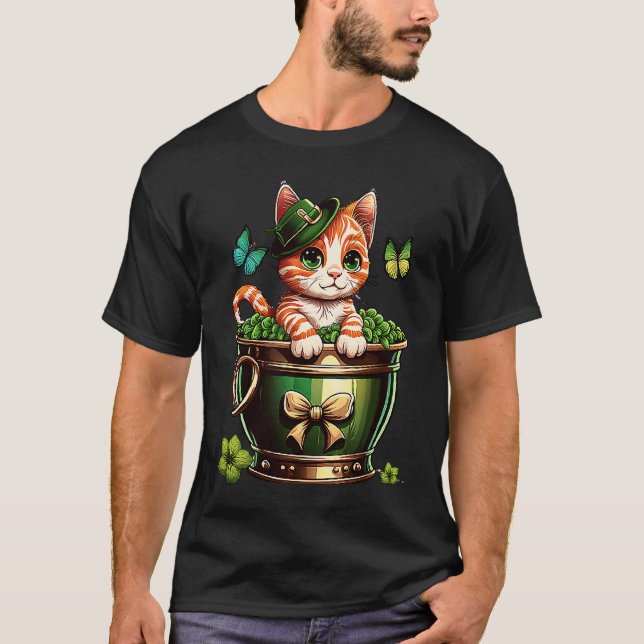 T-shirt Chat de la Saint-Patrick Chapeau de Leprechaun Pot (Devant)