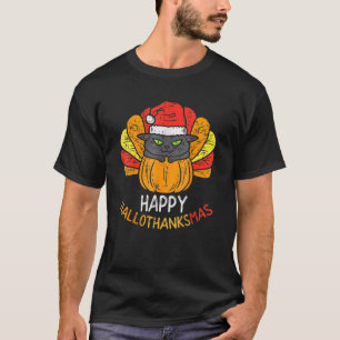 T-shirt Chat de l'Hallothanksmas de la dinde de Thanksgivi