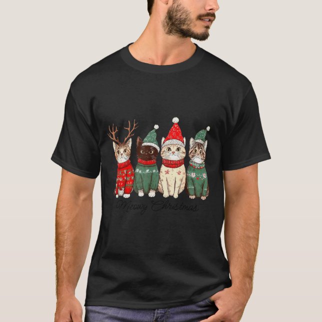 T-shirt Chat de Noël Meowy Catmas Lumières de Noël Pyjama  (Devant)