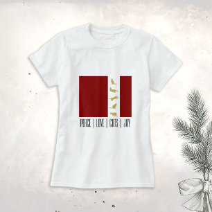 T-shirt Chat de Noël Moderne Rouge Blanc Or