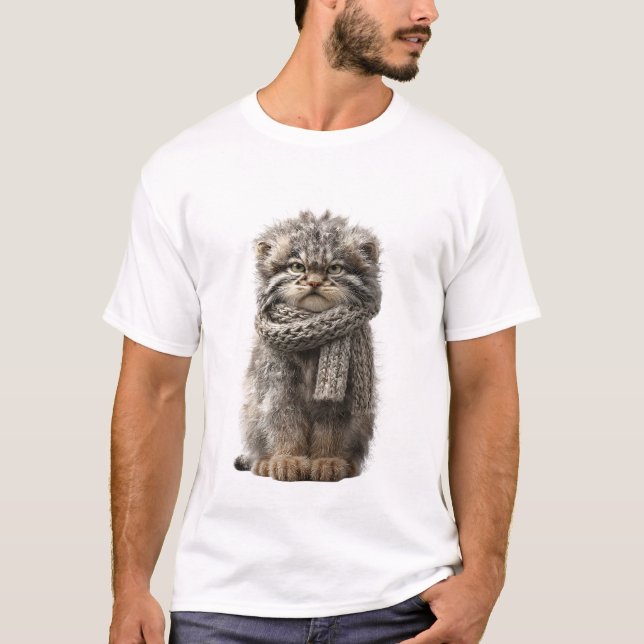 T-shirt Chat de Pallas grincheux en écharpe tricotée (Devant)
