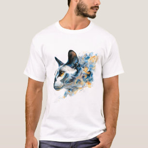 T-shirt Chat de profil à l'aquarelle rêveuse bleu or abstr
