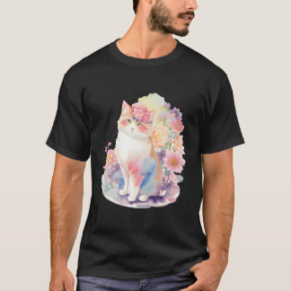 T-shirt Chat de style animé aquarelle avec ami fleurs