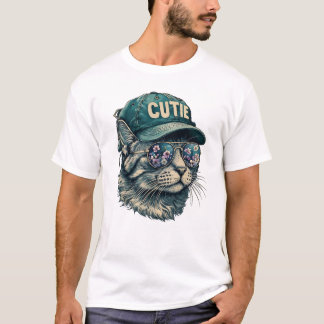 T-shirt Chat De Style vintage Avec Casquette Vert Et Sungl
