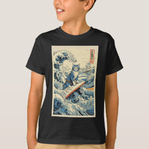 T-shirt Chat de surf Hokusai Grande vague au large de Kana