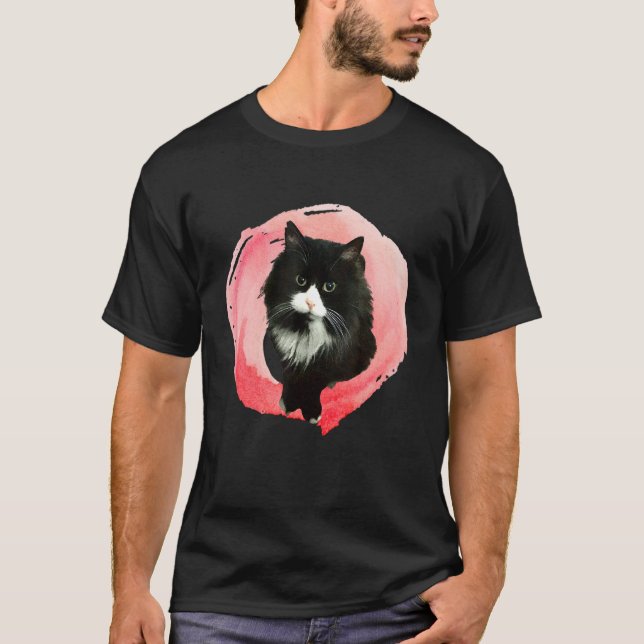 T-shirt Chat De Tuxedo Fluffé En Liquide Rose (Devant)