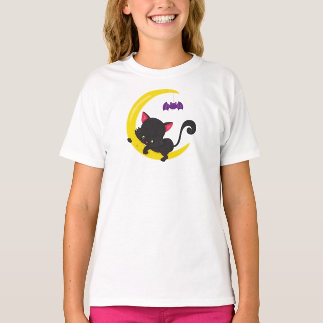 T-shirt Chat d'Halloween, Chat mignon, Chat noir, Lune, Ch (Devant)