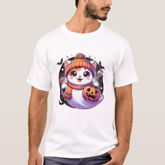 T-shirt Chat d'Halloween Fantôme Citrouille Automne