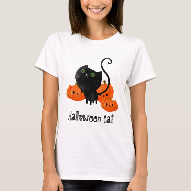 T-shirt Chat d'Halloween mignon avec citrouilles (Devant)