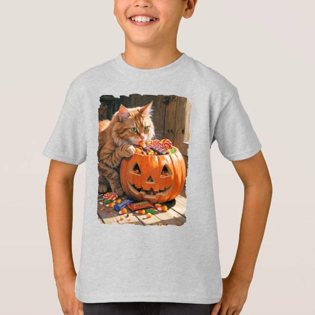 T-shirt Chat d'Halloween s'aidant à la bonbons ! (Devant)