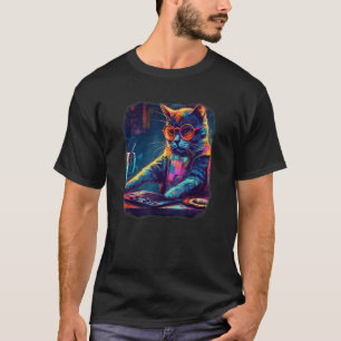 T-shirt Chat dj cool concentré aux couleurs de l'arc-en-ci