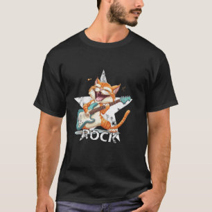 T-shirt Chat Drôle De Rockstar Jouant De La Guitare Hommes