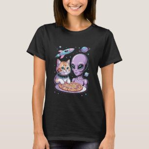 T-shirt Chat drôle et extraterrestre partageant une pizza