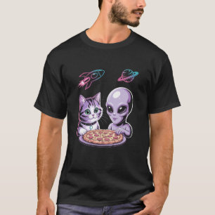 T-shirt Chat drôle et extraterrestre partageant une pizza