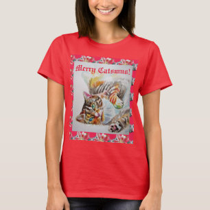 T-shirt Chat drôle Merry Cats Noël Red Womens T Shirt