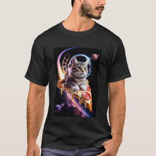 T-shirt Chat Drôle Montant une Pizza dans l'Espace Vol de 