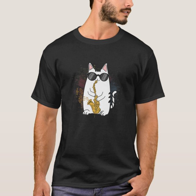 T-shirt Chat drôle Porter des lunettes de soleil Jouer Sax (Devant)