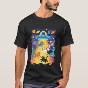 T-shirt Chat Drôle UFO Mignon Kitty Espace Astronef Alien