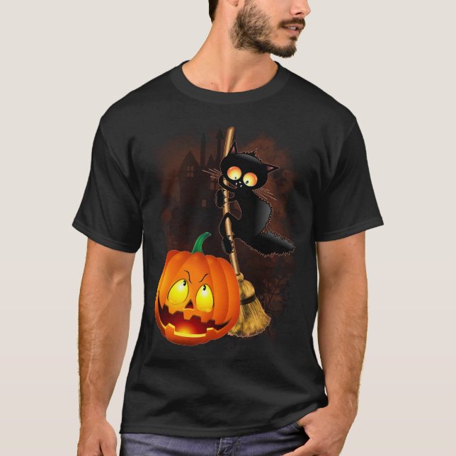 T-shirt Chat effrayé par Citrouille Fun Halloween caractèr (Devant)