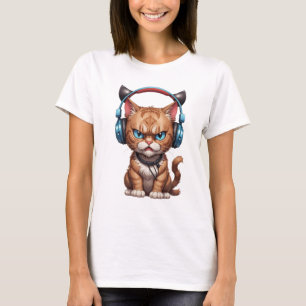 T-shirt chat en colère avec écouteurs mignon drôle chat en