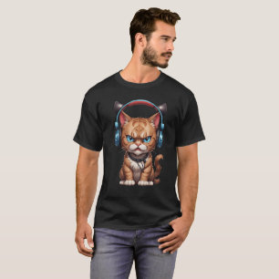 T-shirt chat en colère avec écouteurs mignon drôle chat en