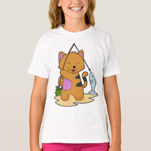 T-shirt Chat en Fisher avec la baguette de pêche et le poi