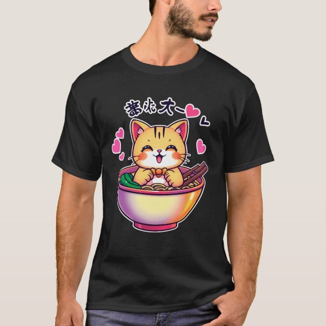 T-shirt Chat en Ramen Bowl - Kawaii Chat (Devant)