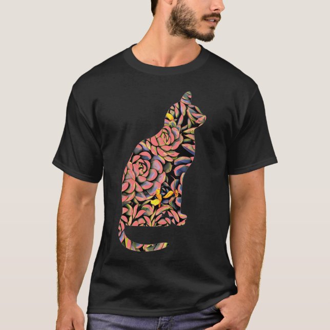 T-shirt Chat En Succulents Fleuris Coloré - (Devant)
