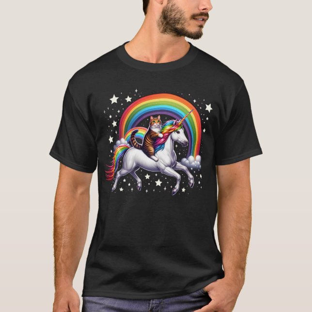 T-shirt Chat équitation Unicorn Rainbow Kitten Lover Fille (Devant)