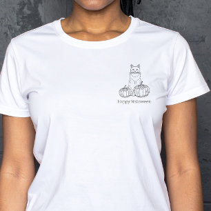 T-shirt Chat Et Citrouille Ligne Minimale Art Joyeux Hallo