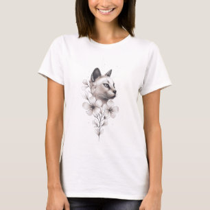 T-shirt Chat et fleurs siamois Design minimaliste