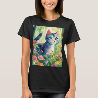 T-shirt Chat fantaisiste à l'aquarelle dans un jardin flor
