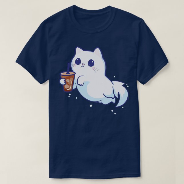 T-shirt Chat Fantôme Cute Avec Café Glacé (Design devant)