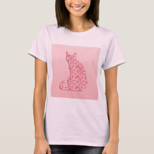 T-shirt Chat Fleur - corail orange et rose