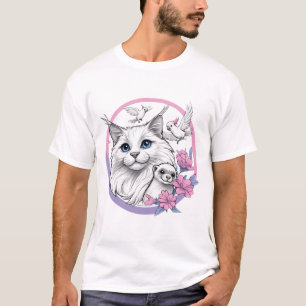 T-shirt Chat Fluffy avec Furet et Cacatoès