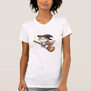 T-shirt Chat Funny Sorcière Halloween Costume Broom Sticks